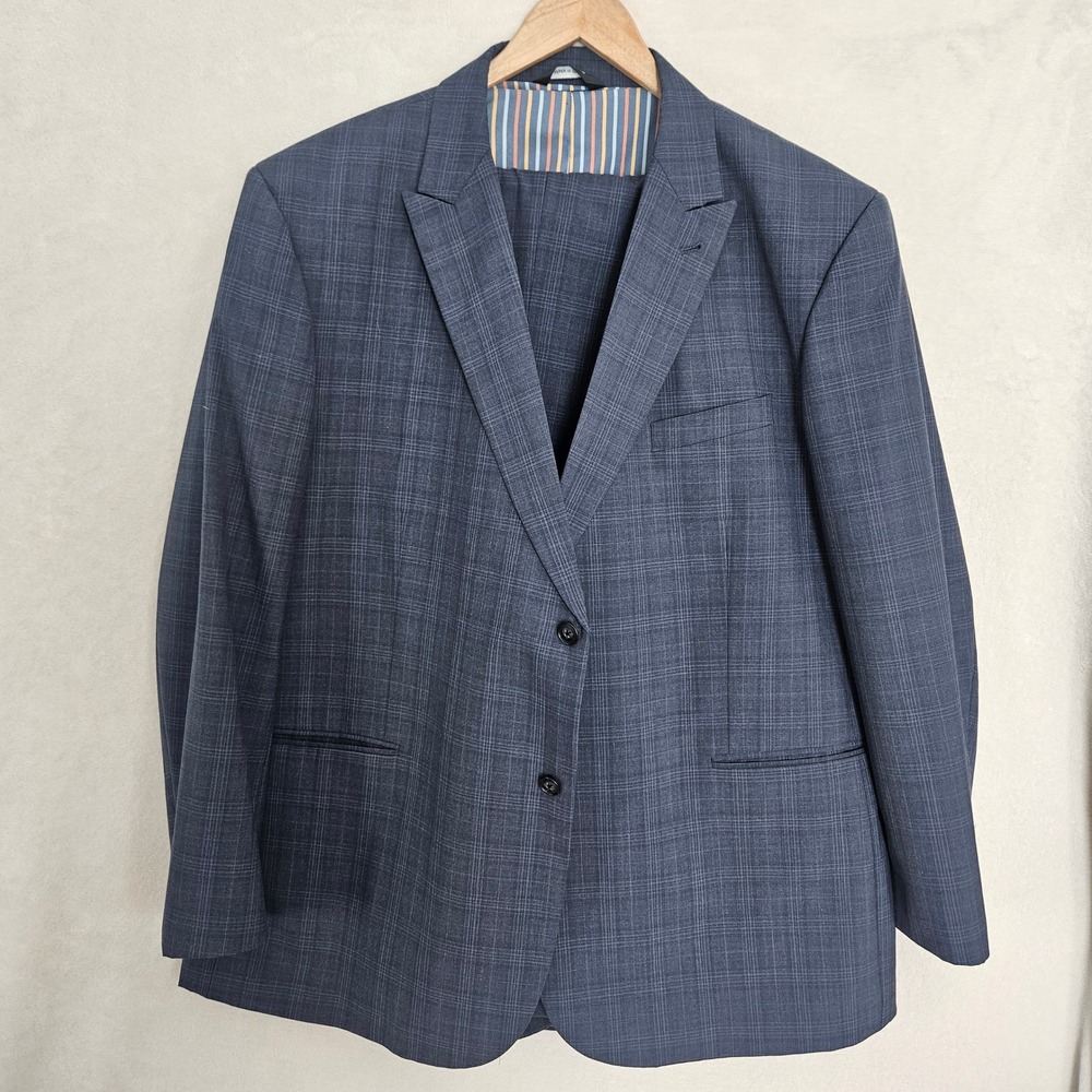 Coogi Luxe Mens 3 Piece Suit 52R Blue Glen Plaid Wool Blend Blazer Vest Pants